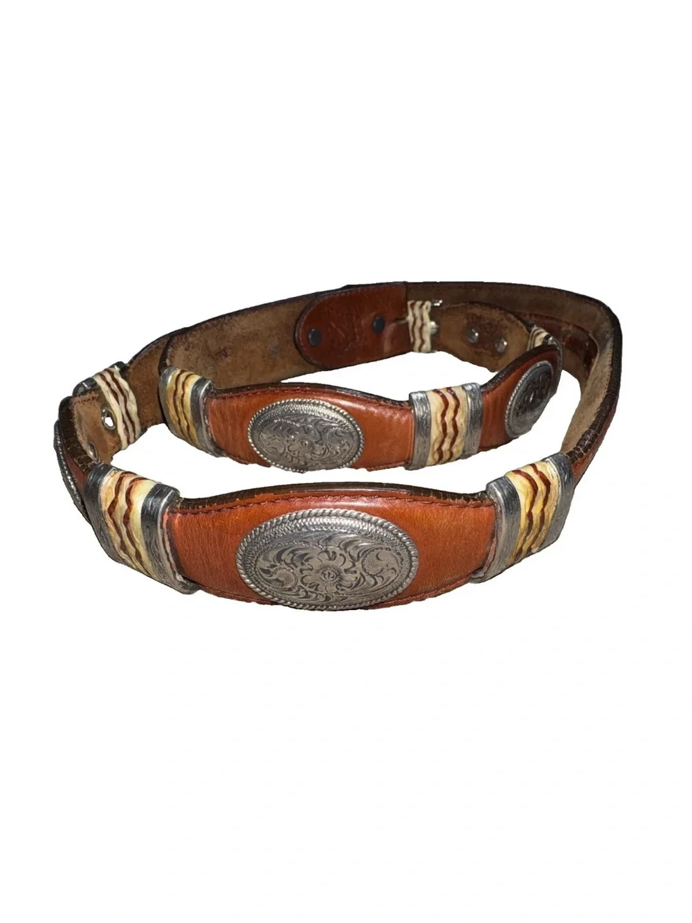 Vintage Tony Lama Buckaroo Concho Belt 38 Brown Leather Rawhide Western Cowboy